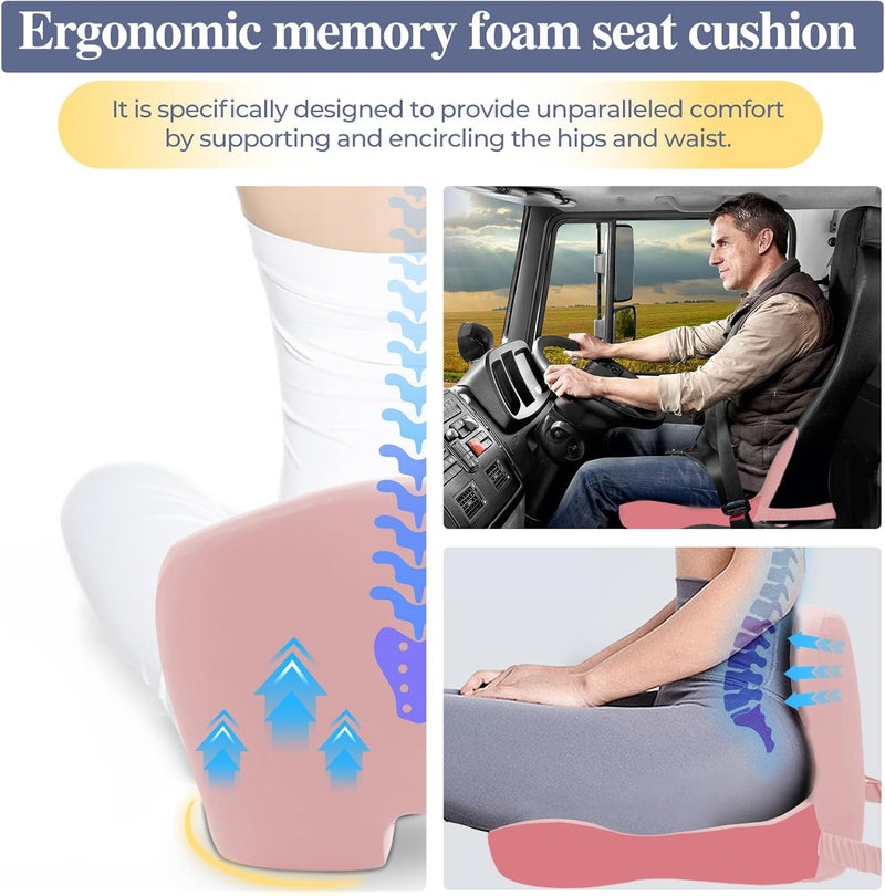 Mosxoed Memory Foam Seat Cushion for Sciatica & Back Pain Relief - Ergonomic Chair Pad with Adjustable Strap & Supportive Comfort Cover, Non-Slip for Car, Truck, Office Chair - Pink - Image 3